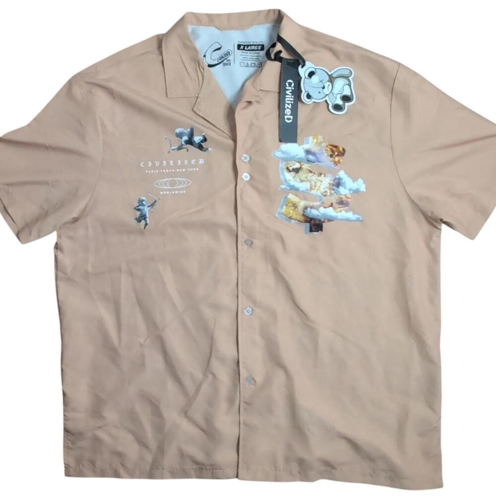 Civilized Shirt Mens‎ XL Beige Angel Money Graphic Print Button Up Streetwear